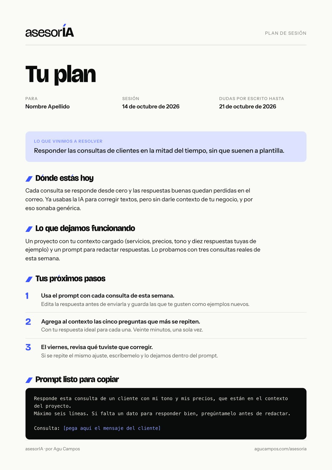 Ejemplo de plan escrito: lo que vinimos a resolver, dónde estás hoy, lo que dejamos funcionando, próximos pasos y un prompt listo para copiar